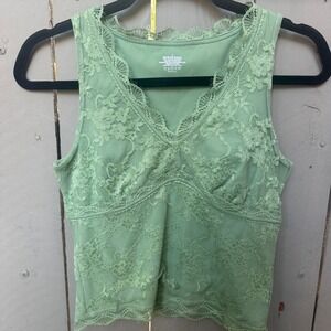 Womens Medium V-Neck Crop Top Floral Lace Baby Doll Y2K Coquette Sage Green